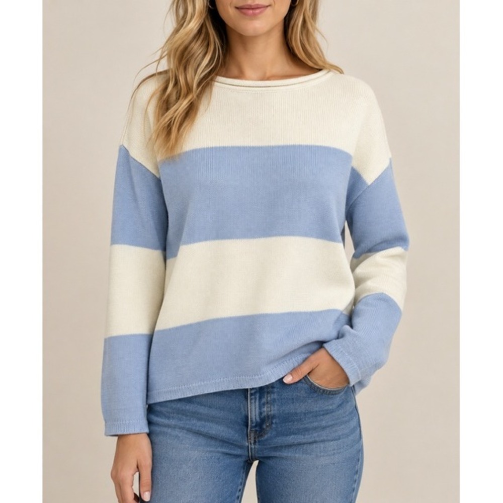 Lauren Ralph Lauren Thick Knit Striped Cotton Sweater Boat Neck Coastal Nautical